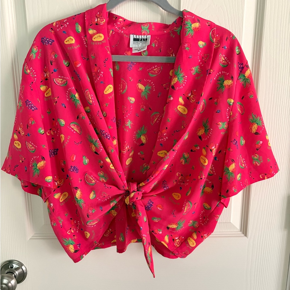 Vintage Leslie Fay Pink Fruit-Print Blouse with Tie Front